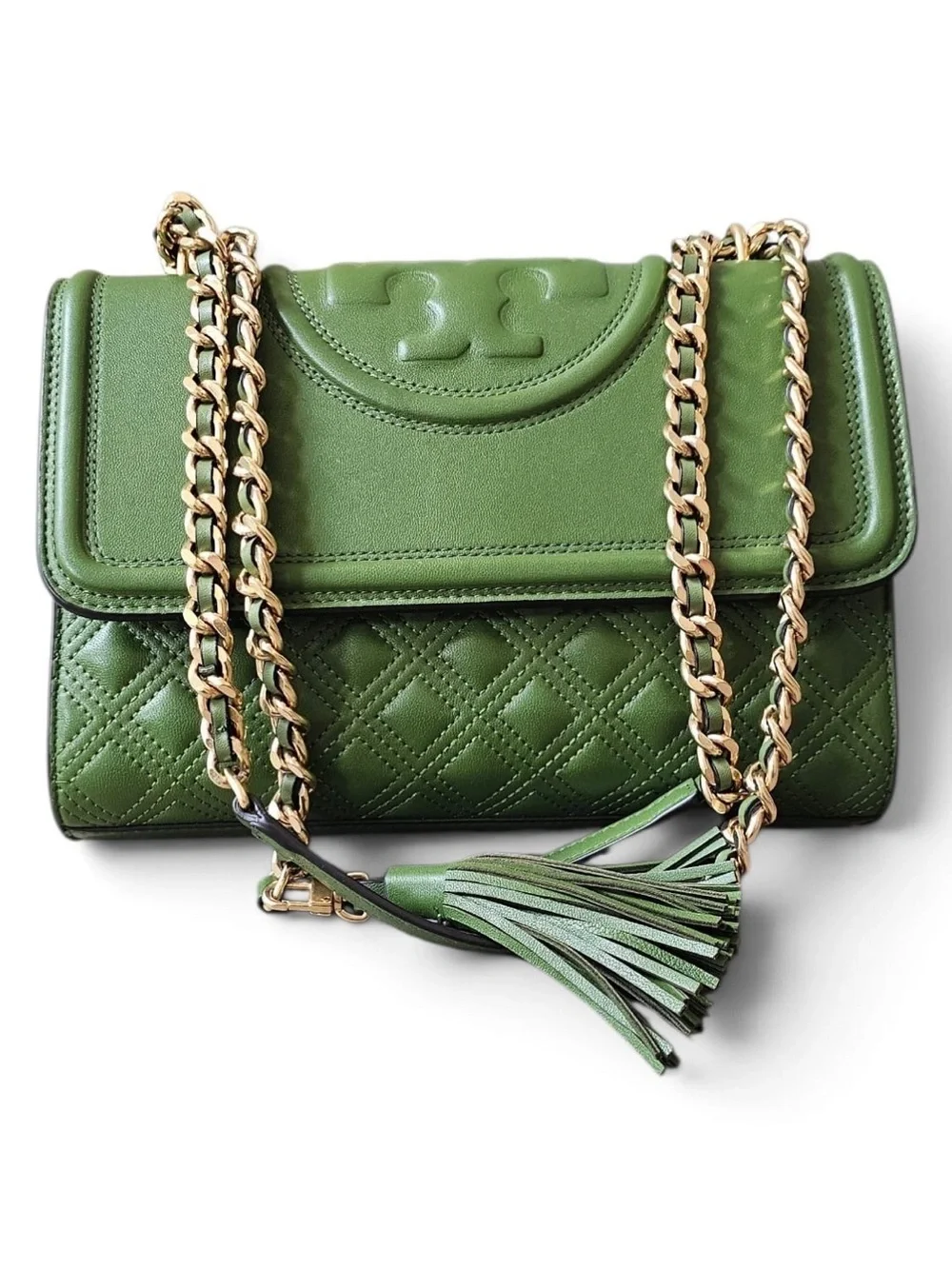 Tory Burch Olive Green Quilted Leather Shoulder Bag with Gold Chain
